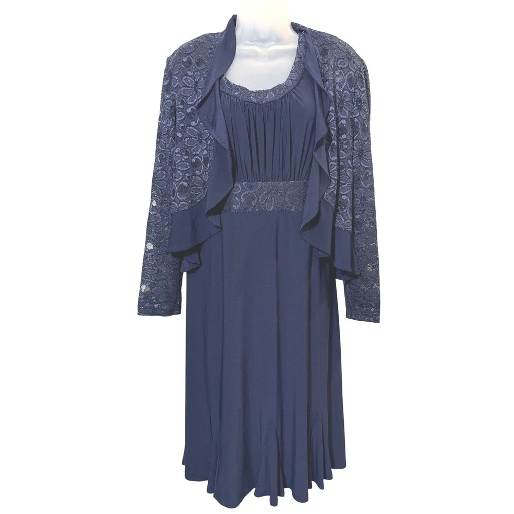 R&M Richards Womens Navy Blue Lace Dress Bolero Jacket 16 Mother of the Bride XL